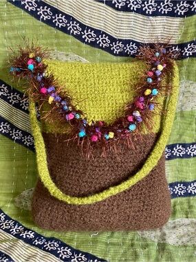 Handmade Lime Green/ Brown Bohemian Crochet Felted Fringe Shoulder Bag Festival